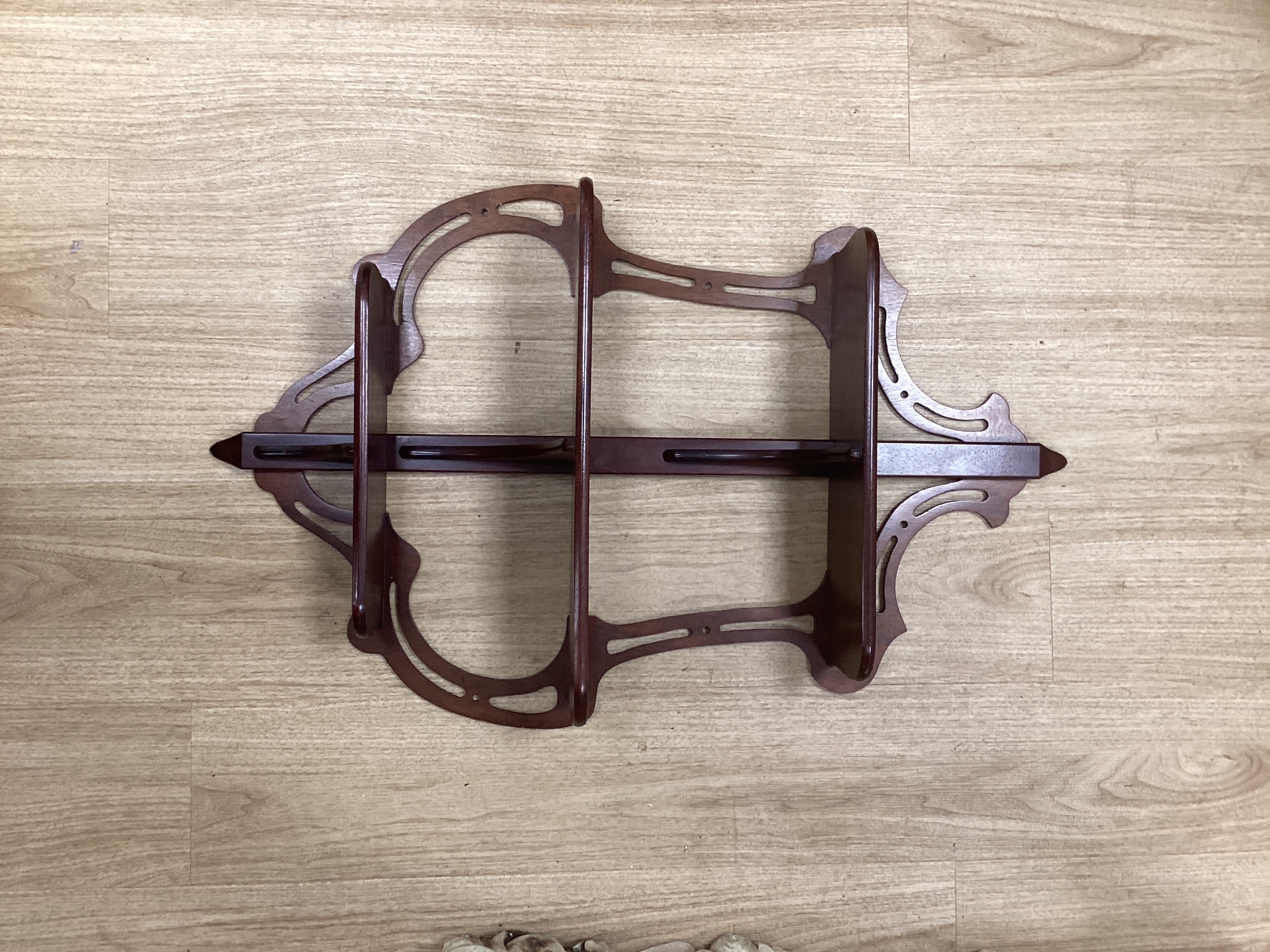 A Victorian wall shelf and oak letter box, tray, etc